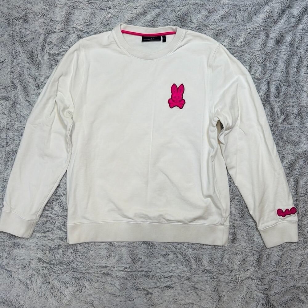 Psycho Bunny Cream Hot Pink Chainstitch Embroidered Crewneck Sweatshirt Size L
